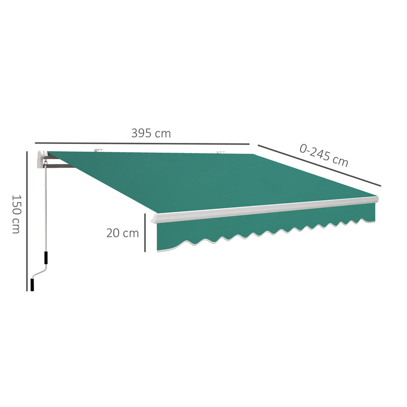 Toldo Manual 395x245 cm Toldo de Varanda Pátio com Manivela de Alumínio e Tecido de Poliéster 280 g/m² Verde