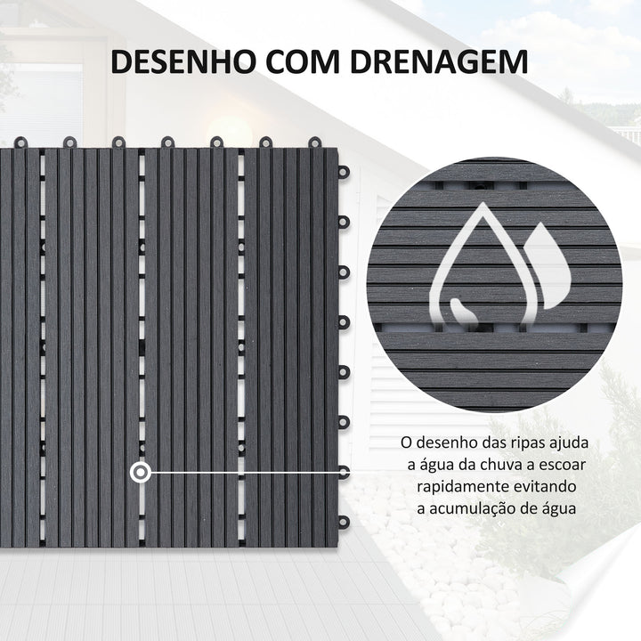 Conjunto de 11 Peças de Estrados Exterior 30x30 cm 1 m² Estrados de Jardim Antiderrapante e Resistente às Condições Climáticas Fácil Instalação para Jardim, Terraço e Varanda Cinzento
