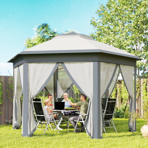 Tenda Dobrável 4x3,4 m Tenda de Jardim Hexagonal com Duplo Tecto 6 Mosquiteiras Destacáveis e Saco de Transporte Impermeável Anti-UV para Exterior Festas Cinzento