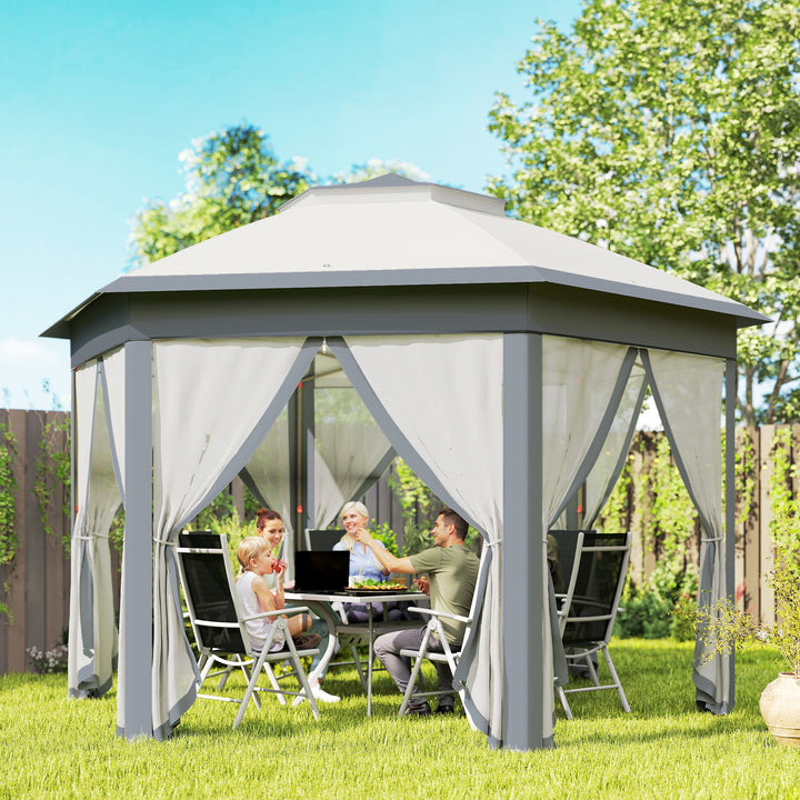 Tenda Dobrável 4x3,4 m Tenda de Jardim Hexagonal com Duplo Tecto 6 Mosquiteiras Destacáveis e Saco de Transporte Impermeável Anti-UV para Exterior Festas Cinzento