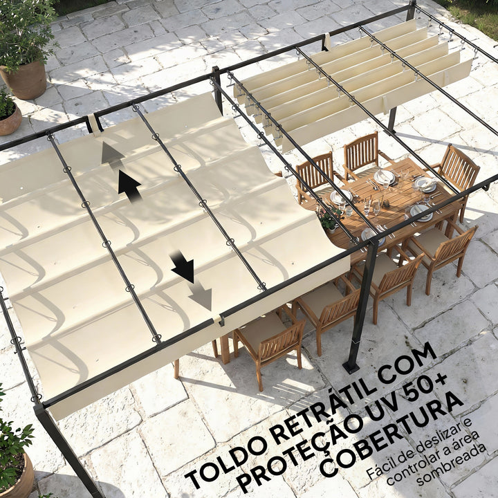 Pérgola de Jardim 6x3 m com Telhado Retrátil, Pavilhão de Jardim com Proteção UPF50+, Drenagem, Estrutura Metálica, para Terraço, Pátio, Exterior, Creme