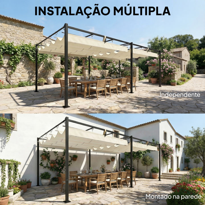 Pérgola de Jardim 6x3 m com Telhado Retrátil, Pavilhão de Jardim com Proteção UPF50+, Drenagem, Estrutura Metálica, para Terraço, Pátio, Exterior, Creme