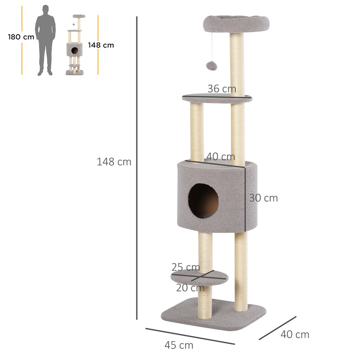 Arranhador para Gatos Altura 148 cm Arranhador para Gatos com Postes de Sisal 3 Plataformas Casa e Bola Suspensa Cinza