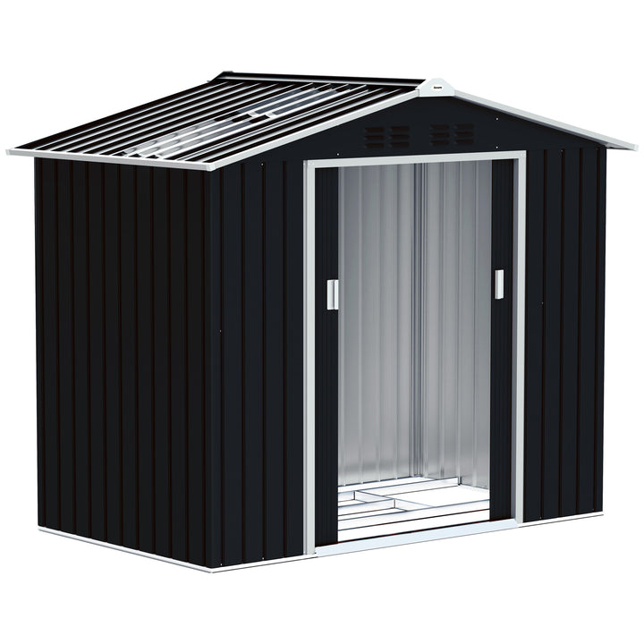 Abrigo de Jardim 2,42 m 213x130x185 cm Abrigo de Jardim Metálico de Exterior para Armazenamento de Ferramentas com 2 Portas Deslizantes e 4 Janelas para Terraço Cinza Escuro