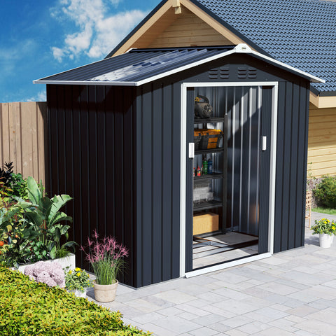 Abrigo de Jardim 2,42 m 213x130x185 cm Abrigo de Jardim Metálico de Exterior para Armazenamento de Ferramentas com 2 Portas Deslizantes e 4 Janelas para Terraço Cinza Escuro