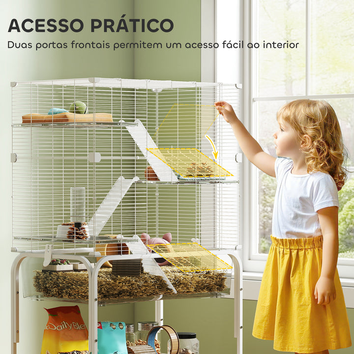 Gaiola para Pequenos Animais de 4 Níveis com Bandeja Inferior Gaiola para Roedores com Rodas Rampas Comedouro e Bebedouro Recinto para Chinchilas 73x47x123 cm Branco