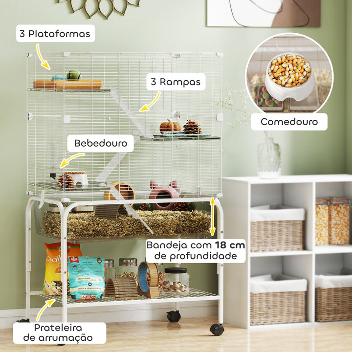 Gaiola para Pequenos Animais de 4 Níveis com Bandeja Inferior Gaiola para Roedores com Rodas Rampas Comedouro e Bebedouro Recinto para Chinchilas 73x47x123 cm Branco