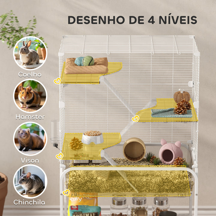Gaiola para Pequenos Animais de 4 Níveis com Bandeja Inferior Gaiola para Roedores com Rodas Rampas Comedouro e Bebedouro Recinto para Chinchilas 73x47x123 cm Branco