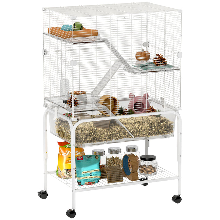 Gaiola para Pequenos Animais de 4 Níveis com Bandeja Inferior Gaiola para Roedores com Rodas Rampas Comedouro e Bebedouro Recinto para Chinchilas 73x47x123 cm Branco