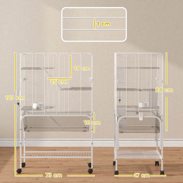 Gaiola para Pequenos Animais de 4 Níveis com Bandeja Inferior Gaiola para Roedores com Rodas Rampas Comedouro e Bebedouro Recinto para Chinchilas 73x47x123 cm Branco