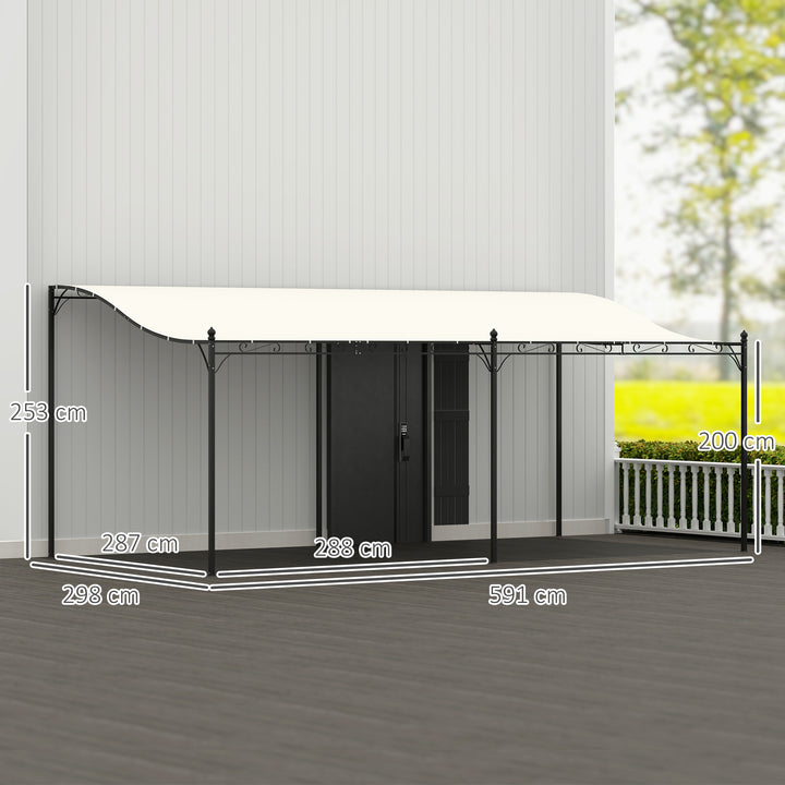 Pérgola de Parede de Jardim 3x6 m Pérgola de Jardim com Telhado Inclinado Orifícios de Drenagem e Estrutura Metálica Resistente às Intempéries para Pátio Terraço Varanda Creme