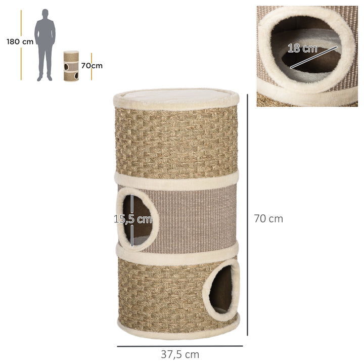 Barril de arranhar para gatos com 3 níveis com plataforma cama confortável e espigões de 37,5x37,5x70 cm Marrom claro e bege