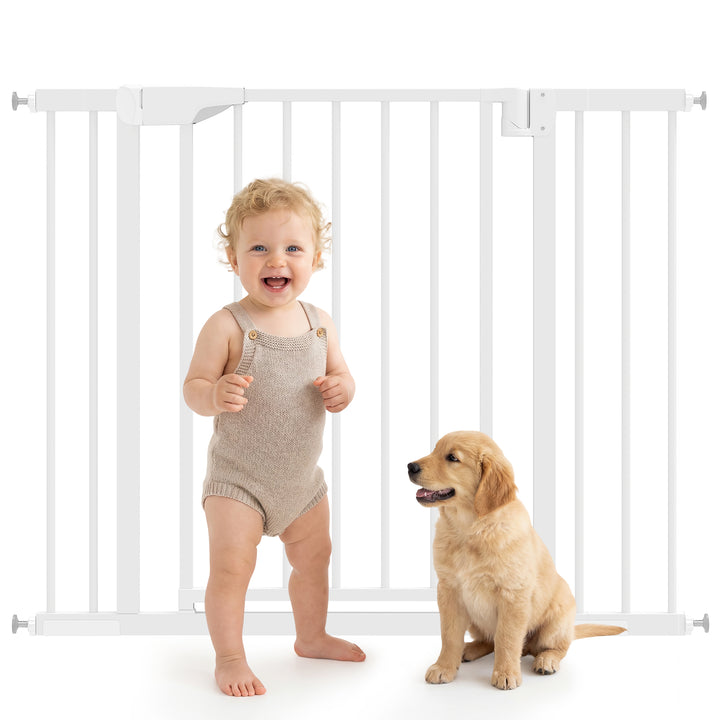 Barreira de Segurança para Crianças e Cães Largura 76-103 cm Porta para Cães Bloqueio Duplo Fecho Automático Abertura em Dois Sentidos para Portas Escadas Montagem por Pressão e Extensões de 7/14 cm Branco