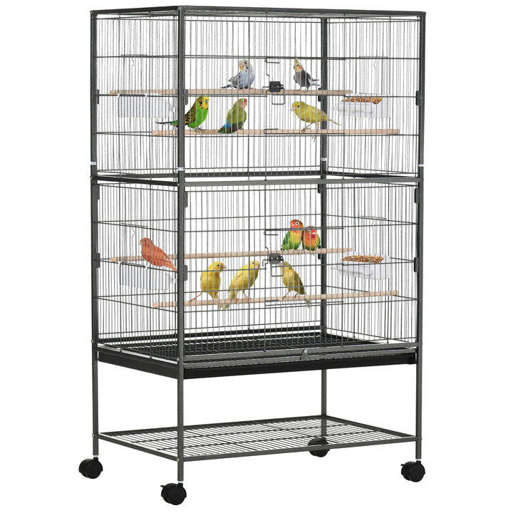 Gaiola para Pássaros com Rodas 78x52x132 cm Gaiola para Pássaros Metálica com Bandeja Amovível 4 Portas 4 Comedouros 4 Poleiros e Prateleira de Armazenamento para Canários Periquitos Cinza