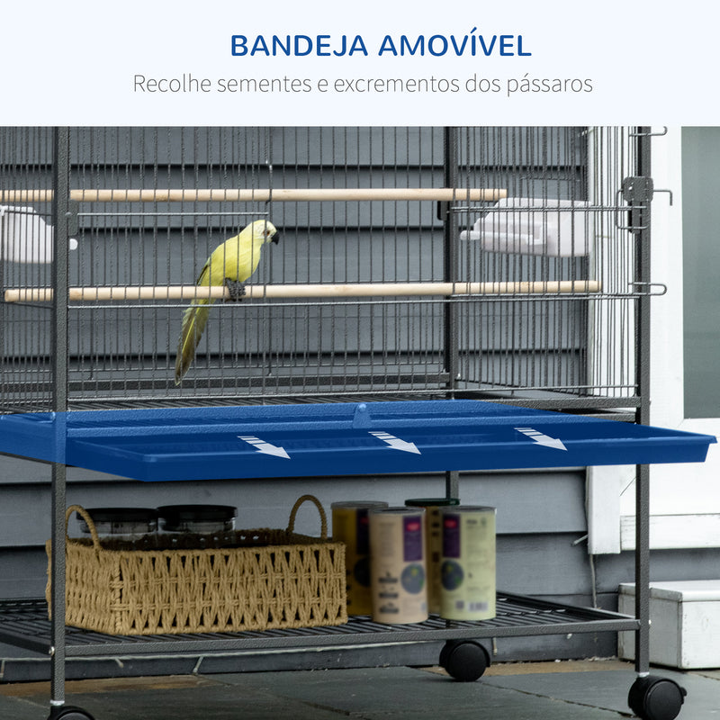 Gaiola para Pássaros com Rodas 78x52x132 cm Gaiola para Pássaros Metálica com Bandeja Amovível 4 Portas 4 Comedouros 4 Poleiros e Prateleira de Armazenamento para Canários Periquitos Cinza