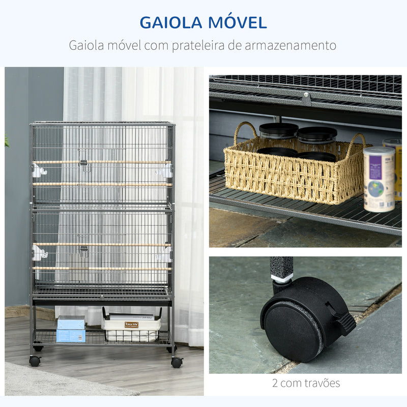 Gaiola para Pássaros com Rodas 78x52x132 cm Gaiola para Pássaros Metálica com Bandeja Amovível 4 Portas 4 Comedouros 4 Poleiros e Prateleira de Armazenamento para Canários Periquitos Cinza