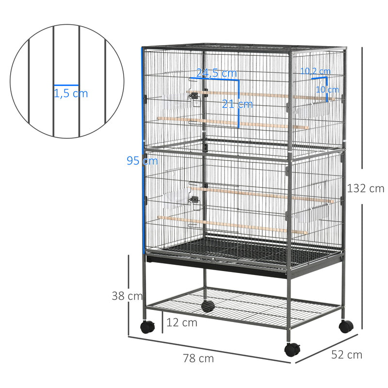 Gaiola para Pássaros com Rodas 78x52x132 cm Gaiola para Pássaros Metálica com Bandeja Amovível 4 Portas 4 Comedouros 4 Poleiros e Prateleira de Armazenamento para Canários Periquitos Cinza