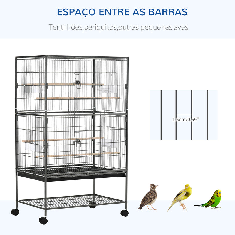 Gaiola para Pássaros com Rodas 78x52x132 cm Gaiola para Pássaros Metálica com Bandeja Amovível 4 Portas 4 Comedouros 4 Poleiros e Prateleira de Armazenamento para Canários Periquitos Cinza