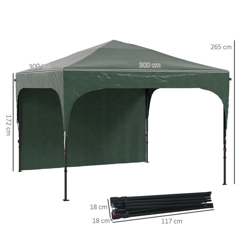 Tenda Dobrável 3x3m com Altura Ajustável Tenda de Jardim com 1 Parede Lateral Teto com Ventilação 4 Sacos de Areia e Bolsa de Transporte para Campismo Festas Verde