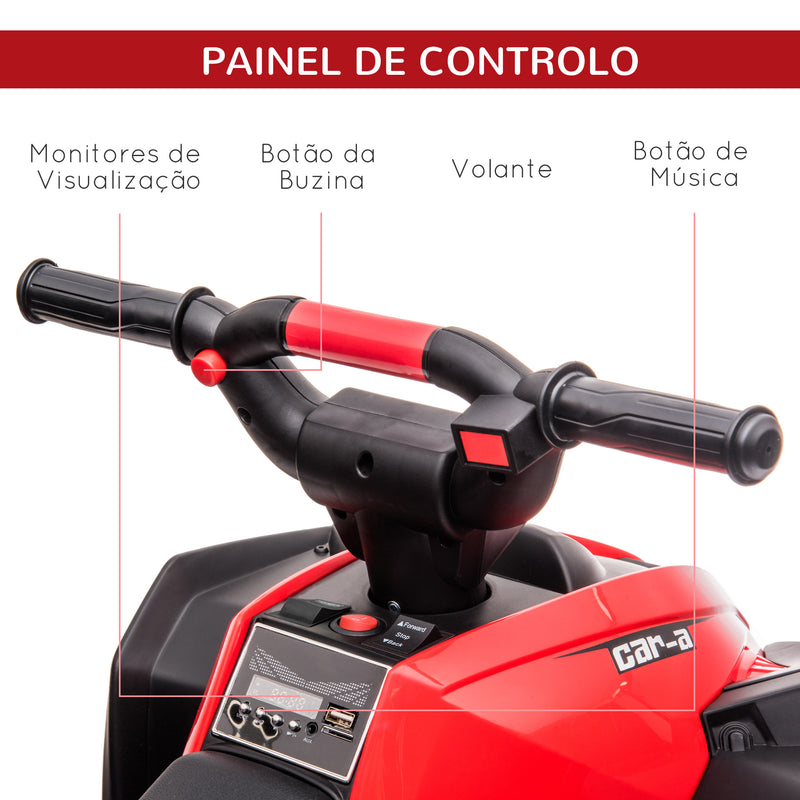 Quadriciclo Elétrico para Crianças de 3-5 Anos Veículo Eléctrico a Bateria 12V com 2 Motores Farol Música Velocidade Ajustável Avançar e Retroceder 83x53x55,5cm Vermelho