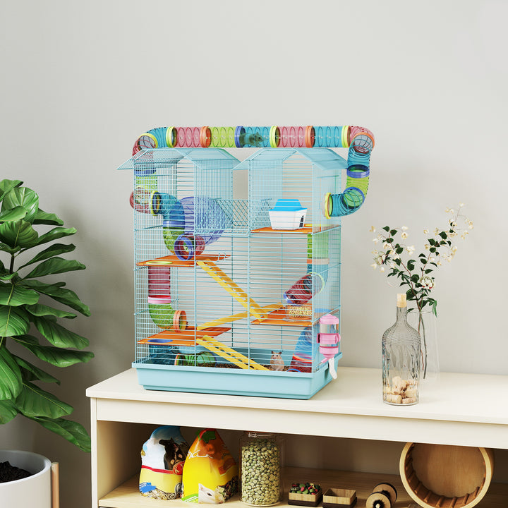 Gaiola para Hamster Casa para Animais Pequenos de Múltiplos Níveis com Sistema de Tubos 4 Plataformas Comedouro Bebedouro Casinha Roda de Exercício Escadas e Bandeja 47x30x59 cm Azul Claro
