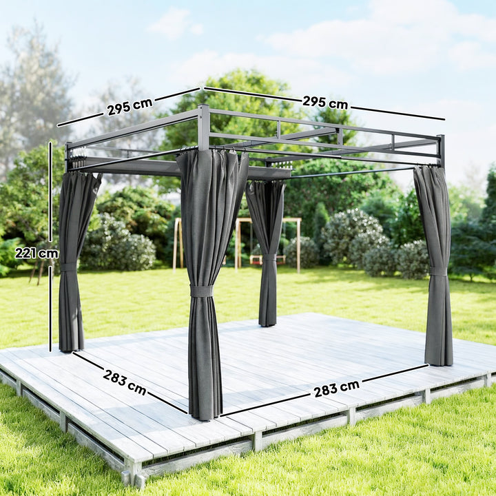 Pérgola de Jardim 295x295x221 cm com Teto Retrátil e Cortinas UPF30+ Estrutura Metálica Pérgola para Exterior Cinzento Escuro