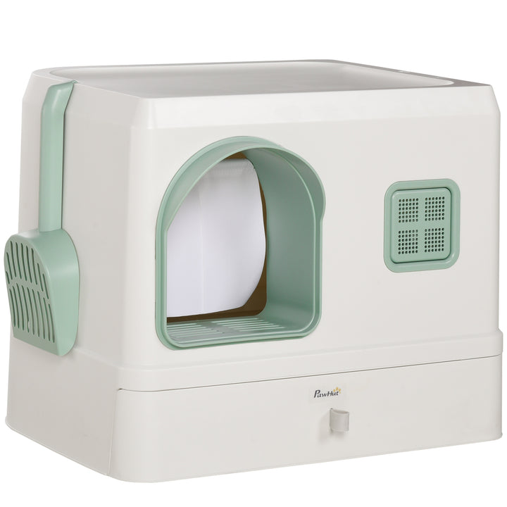 Caixa de Areia Fechada para Gatos Caixa de Areia para Gatos com Bandeja Amovível Entrada com Cortina Pá e Filtro Desodorizante 50x40x40 cm Branco