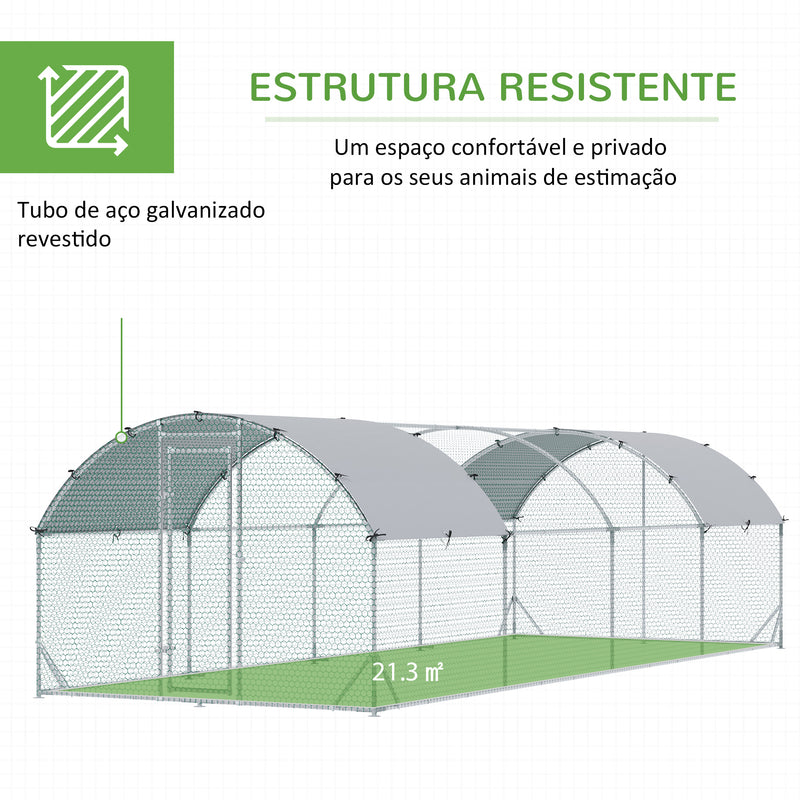 Galinheiro para Exterior Grande 2,8x7,60x1,97 m Galinheiro para 16-24 Galinhas de Aço Galvanizado com Teto de Tecido Oxford para Coelhos Aves Prata