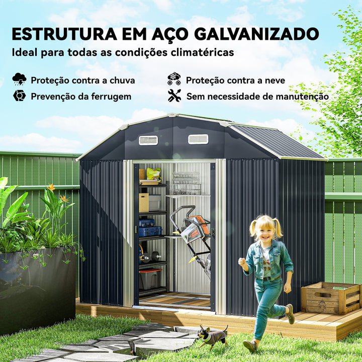 Abrigo de Jardim 2,7 m² 238x132x198,5 cm Abrigo de Exterior Metálico com Base Prateleiras Ajustáveis 2 Portas de Correr e 2 Janelas de Ventilação Cinza Escuro