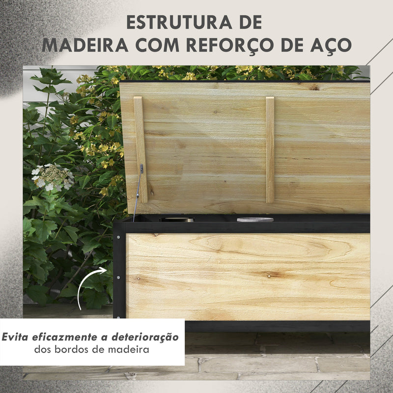 Baú de Exterior 121 L Baú de Armazenamento em Madeira com 4 Rodas e Estrutura de Aço para Jardim Pátio Varanda 100x50x43 cm Natural e Preto