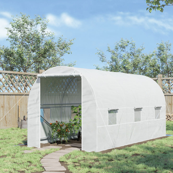 Estufa tipo Túnel 450x200x200 cm Estufa de Jardim com Porta Enrolável e 6 Janelas Cobertura de PE 140 g/m² Anti-UV Estrutura de Metal para Cultivo de Plantas Verduras Branco