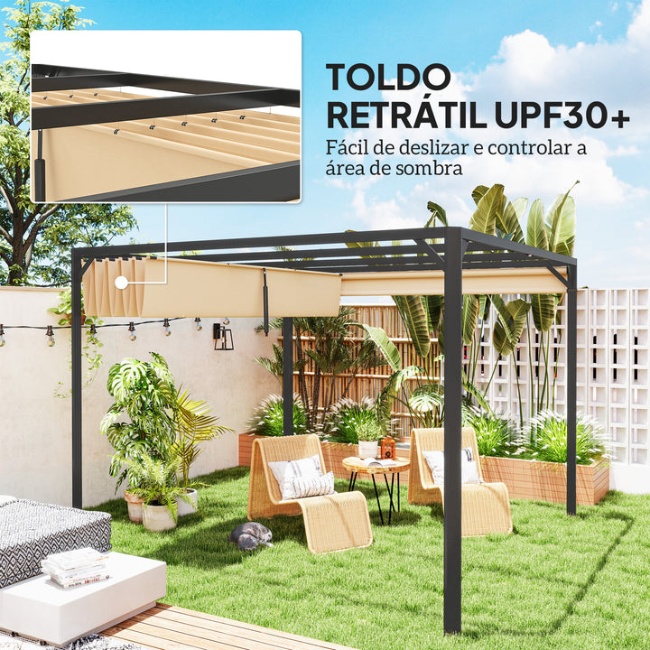 Pérgola com Teto Retrátil Pérgola de Alumínio 3x3 m Pérgola com Cortina Enrolável Proteção UV30+ para Jardim Terraço Exterior Caqui
