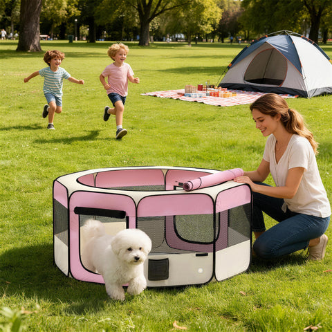 Parque Dobrável para Cães e Gatos Cercado Portátil para Animais Pequenos em Tecido Oxford Impermeável com 2 Portas Interior e Exterior Ø120x58 cm Rosa