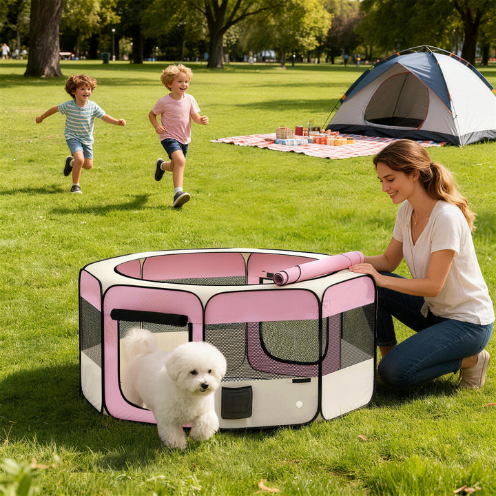 Parque Dobrável para Cães e Gatos Cercado Portátil para Animais Pequenos em Tecido Oxford Impermeável com 2 Portas Interior e Exterior Ø120x58 cm Rosa