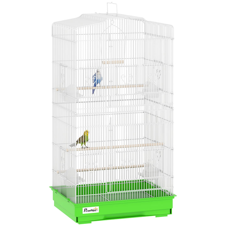 Gaiola para Pássaros, Gaiola de Metal com Portas 4 Comedouros 3 Poleiros Baloiço Bandeja Removível e Alça de Transporte para Loro Canário Periquito 46,5x35,5x92 cm Verde