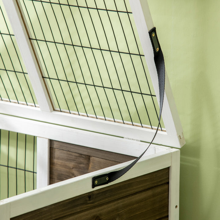 Coelheira de Madeira Elevada com Zona Aberta Gaiola para Coelhos com Teto Rebatível Portas com Fecho Bandeja Removível e Rampa para Interior 90x53x87 cm Marrom e Branco