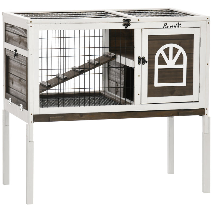 Coelheira de Madeira Elevada com Zona Aberta Gaiola para Coelhos com Teto Rebatível Portas com Fecho Bandeja Removível e Rampa para Interior 90x53x87 cm Marrom e Branco