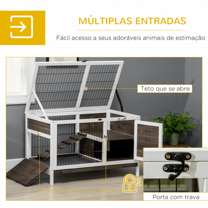 Coelheira de Madeira Elevada com Zona Aberta Gaiola para Coelhos com Teto Rebatível Portas com Fecho Bandeja Removível e Rampa para Interior 90x53x87 cm Marrom e Branco