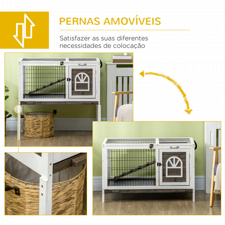 Coelheira de Madeira Elevada com Zona Aberta Gaiola para Coelhos com Teto Rebatível Portas com Fecho Bandeja Removível e Rampa para Interior 90x53x87 cm Marrom e Branco