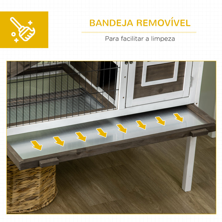 Coelheira de Madeira Elevada com Zona Aberta Gaiola para Coelhos com Teto Rebatível Portas com Fecho Bandeja Removível e Rampa para Interior 90x53x87 cm Marrom e Branco