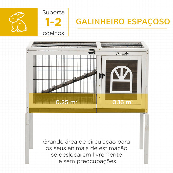 Coelheira de Madeira Elevada com Zona Aberta Gaiola para Coelhos com Teto Rebatível Portas com Fecho Bandeja Removível e Rampa para Interior 90x53x87 cm Marrom e Branco