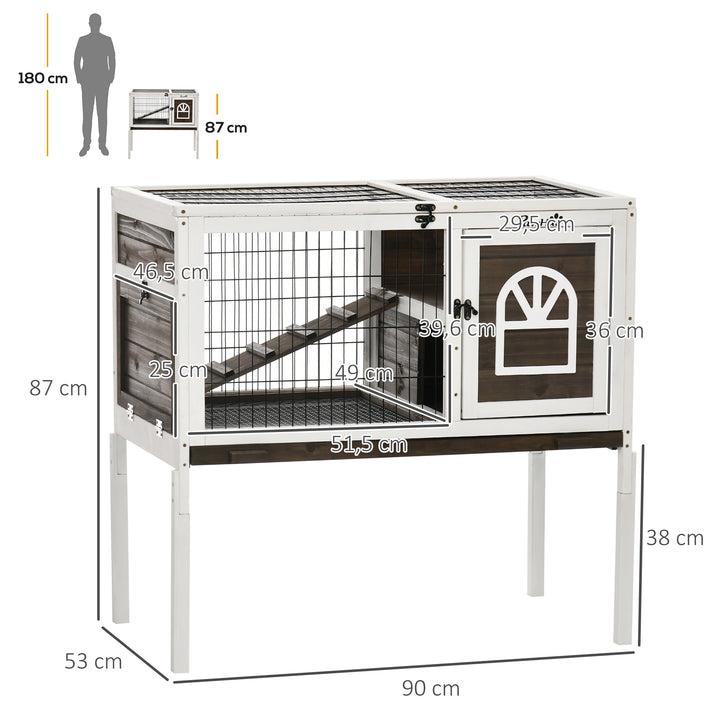 Coelheira de Madeira Elevada com Zona Aberta Gaiola para Coelhos com Teto Rebatível Portas com Fecho Bandeja Removível e Rampa para Interior 90x53x87 cm Marrom e Branco