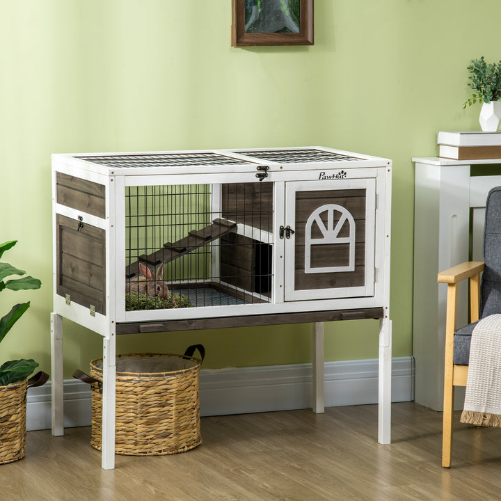 Coelheira de Madeira Elevada com Zona Aberta Gaiola para Coelhos com Teto Rebatível Portas com Fecho Bandeja Removível e Rampa para Interior 90x53x87 cm Marrom e Branco