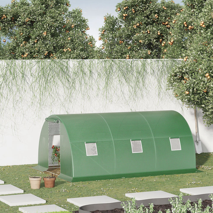 Estufa Tipo Túnel 4,5x3x2 m Estufa de Exterior com Paredes Laterais Enroláveis 6 Janelas de Malha e Porta Enrolável com Fecho de Correr para Jardim Pátio Verde
