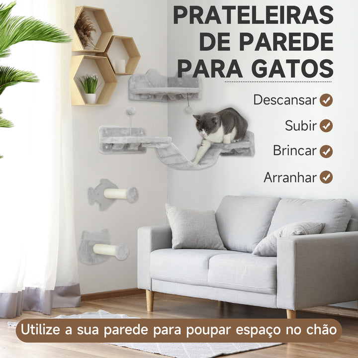 Conjunto de Prateleiras de Escalada para Gatos de 4 Peças Arranhador de Parede com 2 Postes de Sisal Plataforma Dupla com Escada e Plataforma para Saltar Cinzento