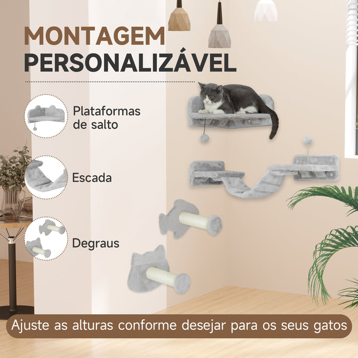 Conjunto de Prateleiras de Escalada para Gatos de 4 Peças Arranhador de Parede com 2 Postes de Sisal Plataforma Dupla com Escada e Plataforma para Saltar Cinzento