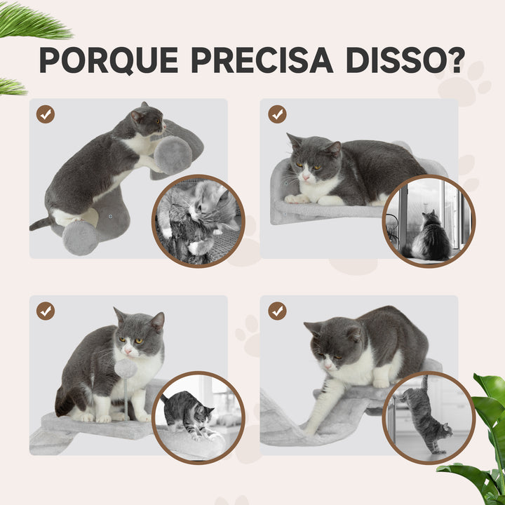 Conjunto de Prateleiras de Escalada para Gatos de 4 Peças Arranhador de Parede com 2 Postes de Sisal Plataforma Dupla com Escada e Plataforma para Saltar Cinzento