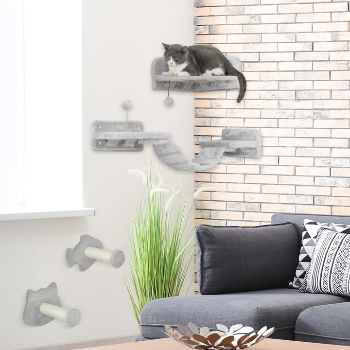 Conjunto de Prateleiras de Escalada para Gatos de 4 Peças Arranhador de Parede com 2 Postes de Sisal Plataforma Dupla com Escada e Plataforma para Saltar Cinzento