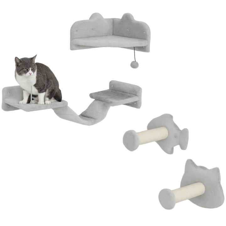 Conjunto de Prateleiras de Escalada para Gatos de 4 Peças Arranhador de Parede com 2 Postes de Sisal Plataforma Dupla com Escada e Plataforma para Saltar Cinzento