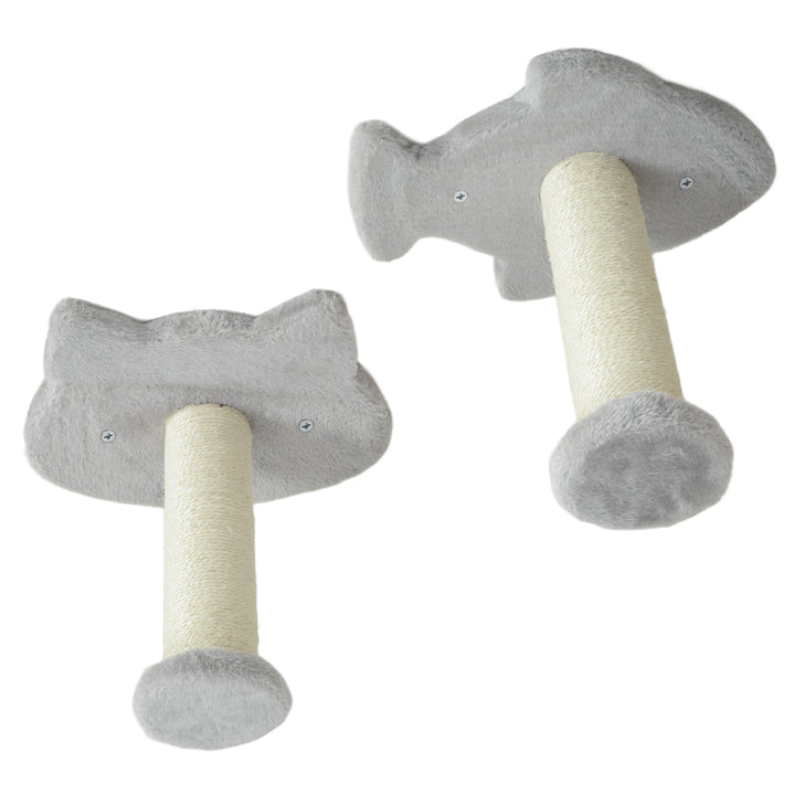 Conjunto de Prateleiras de Escalada para Gatos de 4 Peças Arranhador de Parede com 2 Postes de Sisal Plataforma Dupla com Escada e Plataforma para Saltar Cinzento